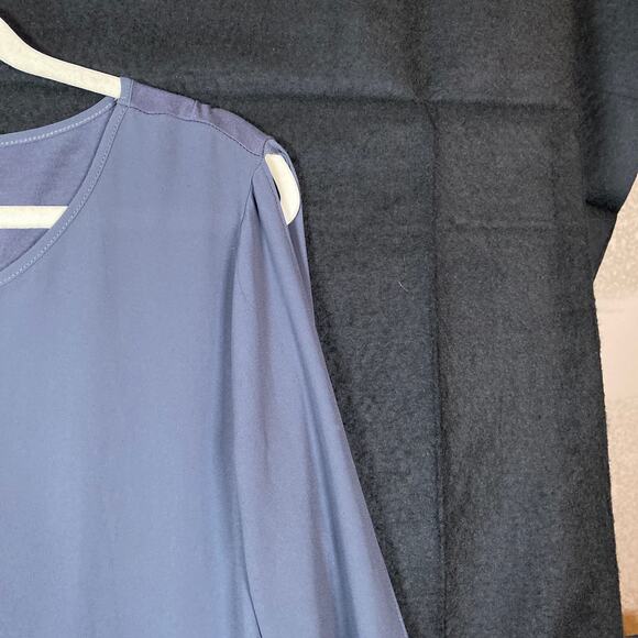 Loft Women Blouse Purple Gray Cold Shoulder Crew Neck Tie Bell Sleeve Large - Picture 5 of 14